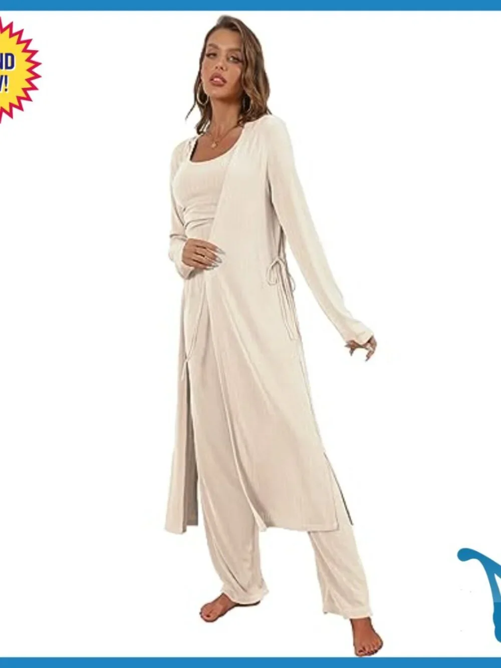 3-Piece Lounge Set with Cardigan, Pants, Tank Top - Medium Size